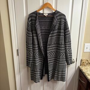 LOFT Black and White Knit Long Cardigan Jacket L
